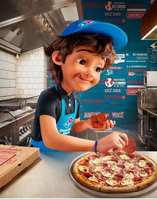 O CB, brand persona das Casas Bahia, monta sua própria pizza na Domino’s