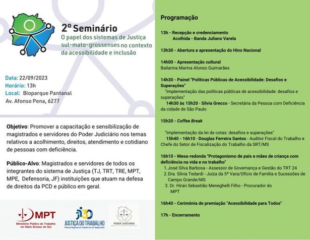 Participe do 2º Seminário “O papel dos sistemas de Justiça Sul-mato-grossenses no contexto da acessibilidade e inclusão”