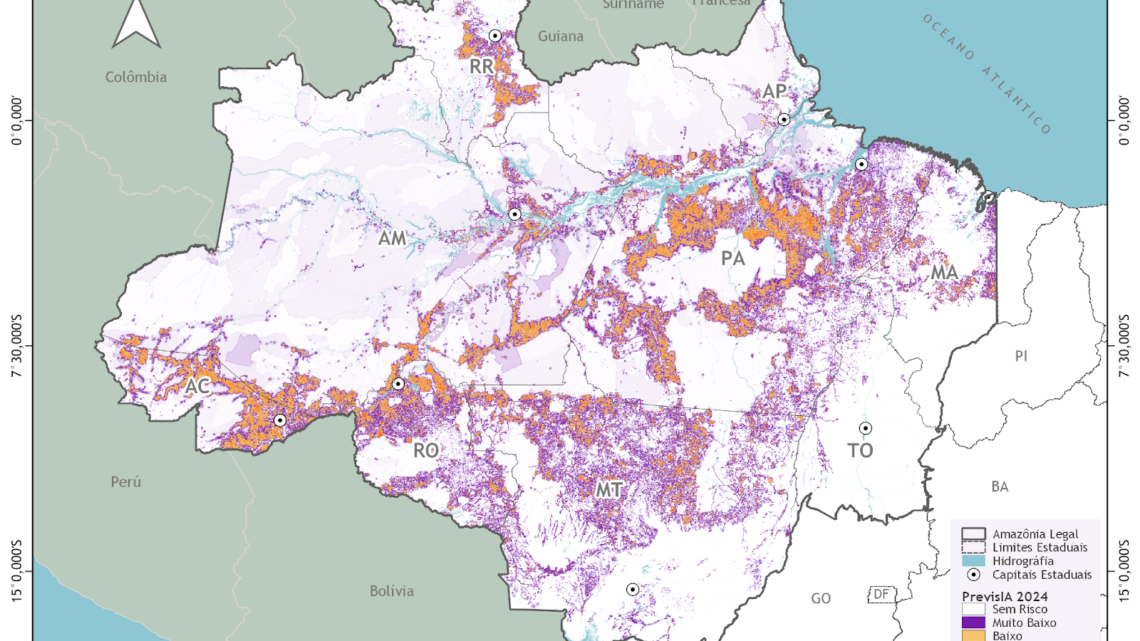 Inteligência artificial aponta 5 mil km² sob risco médio, alto ou muito alto de desmatamento na Amazônia em 2024