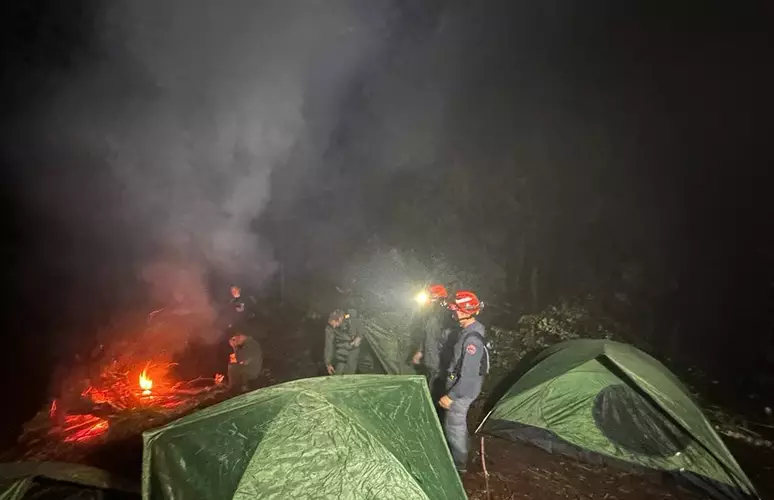 Bombeiros montam acampamento na mata para preservar local da queda de helicóptero em SP