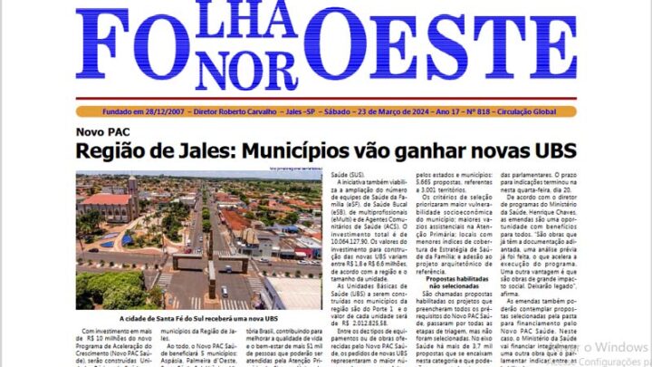 Jornal Folha Noroeste Digital edição 818 de 23032024 Jales SP