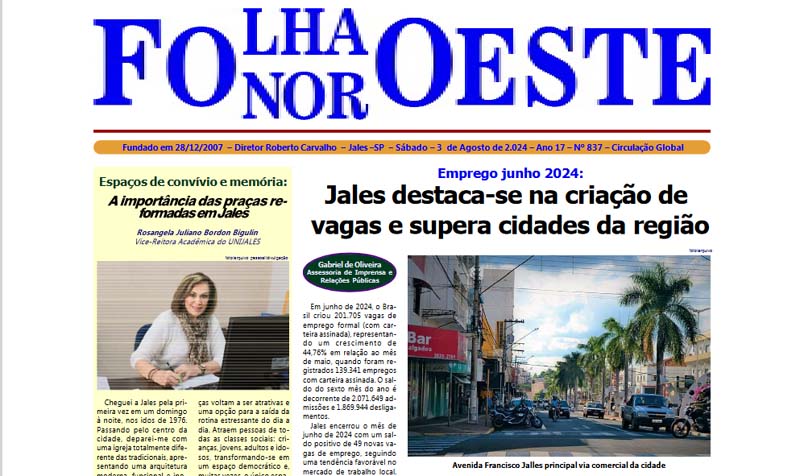 Jornal Folha Noroeste Digital edição 837 de 03082024 Jales SP