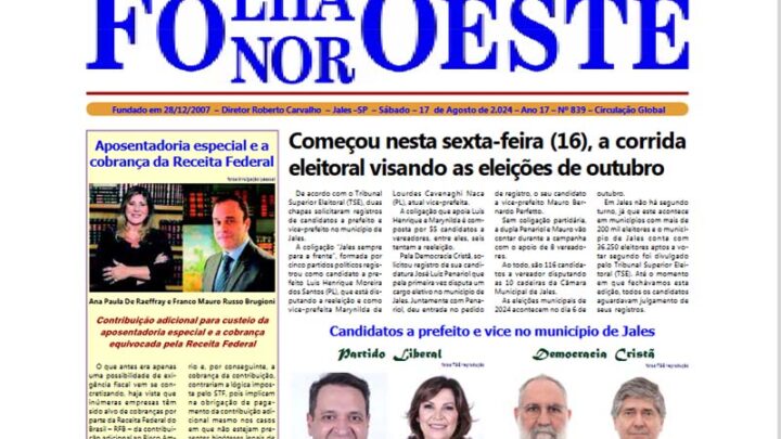 Jornal Folha Noroeste Digital edição 839 de 17082024 Jales SP