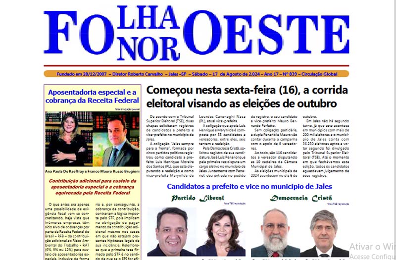 Jornal Folha Noroeste Digital edição 839 de 17082024 Jales SP