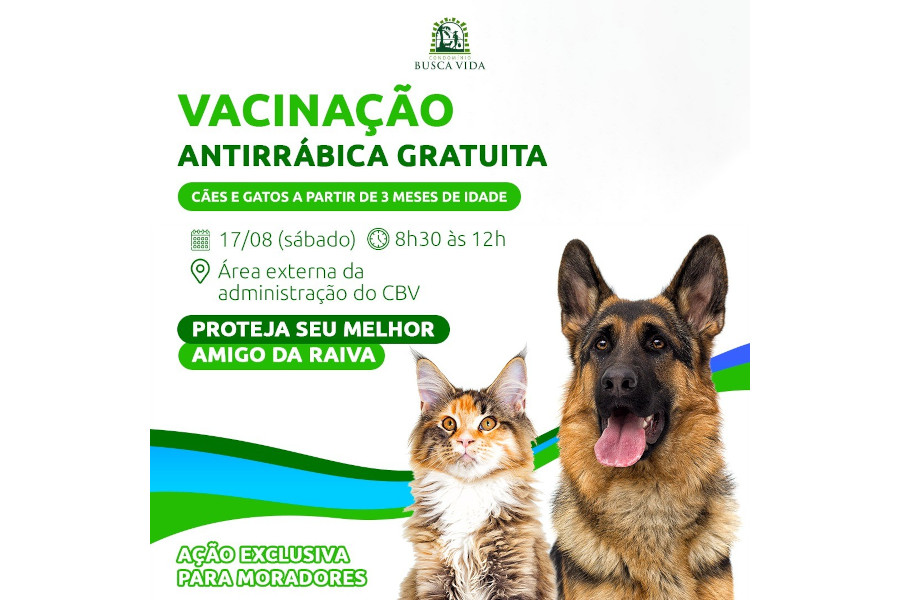 Campanha de vacinação antirrábica acontece neste sábado, dia 17, em Busca Vida em Camaçari – BA