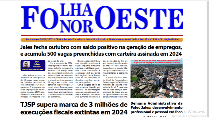 Jornal Folha Noroeste Digital edição 854 de 30112024 Jales SP