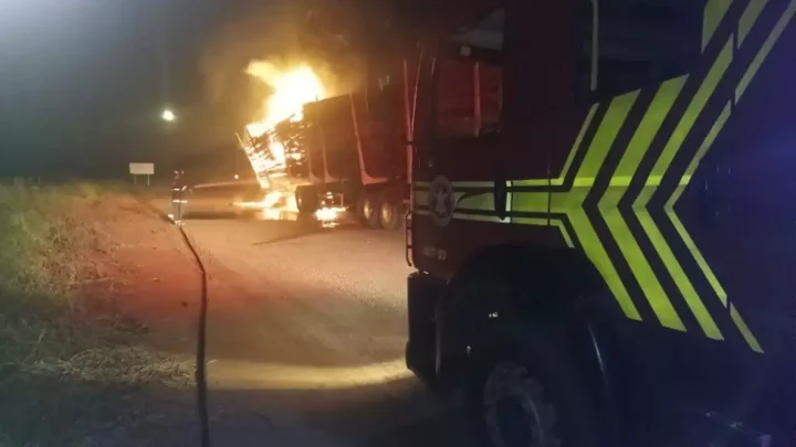 Carreta com eucaliptos pega fogo em Três Lagoas. VÍDEO