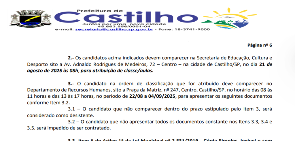 Concurso Público no Diário Oficial de Castilho SP 19-08-2025: Convocação 1 concurso público