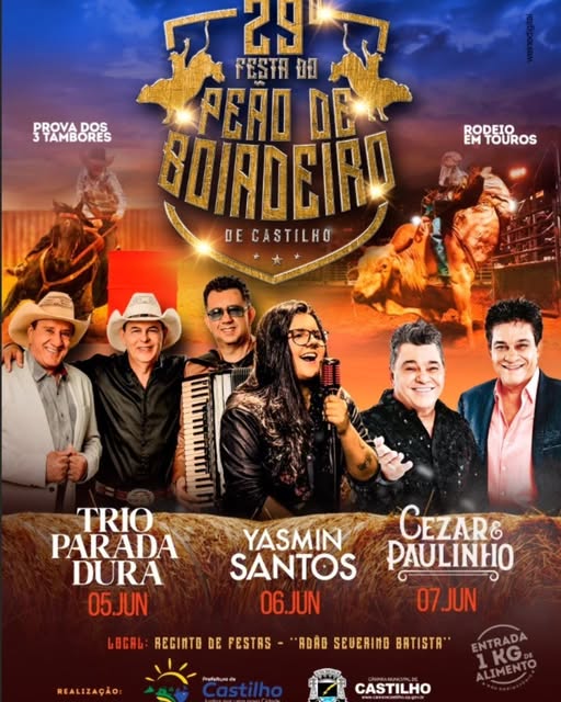 Festa do Peão em Castilho 2025 terá Trio Parada Dura, Yasmin Santos e encerramento com Cesar & Paulinho 12 A festa do peão em Castilho 2025 acontecerá de 5 a 7 de junho com entrada gratuita, shows de Trio Parada Dura, Yasmin Santos e encerramento com Cesar & Paulinho. Confira a programação completa!