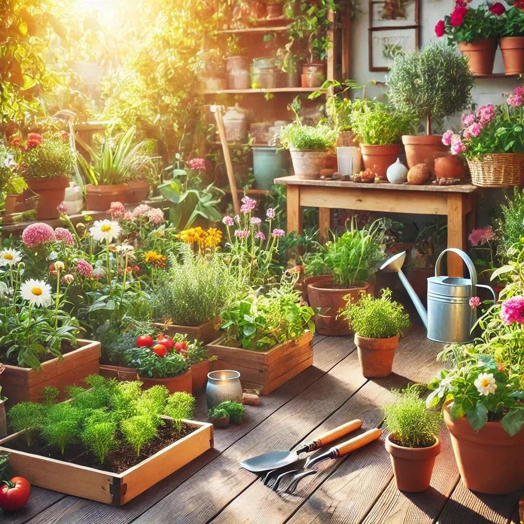 A cozy and vibrant home gardening scene featuring a small garden with flowers, herbs, and vegetables. The garden is organized with pots, planters, and raised beds, placed in a bright and inviting outdoor space. Natural sunlight highlights the lush greenery and colorful flowers, creating a welcoming atmosphere ideal for beginner gardeners. The setting includes tools like a small watering can and gardening gloves, evoking a sense of simplicity and care.