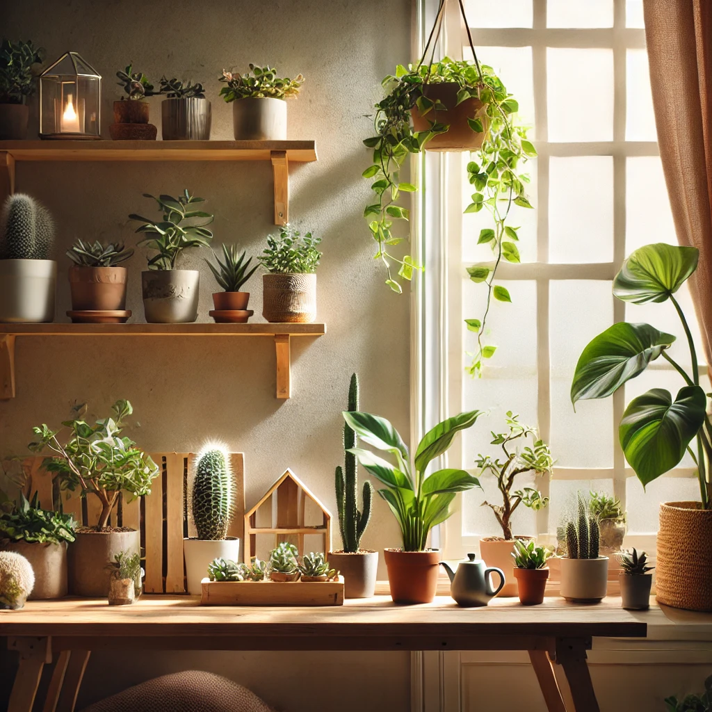 A cozy indoor gardening scene showing beginner-friendly plants like succulents, cacti, and a pothos plant, arranged on a wooden shelf with natural light streaming through a nearby window. The setting includes earthy tones and minimalist decor, emphasizing simplicity and relaxation. Ideal for an article about plants for beginners.