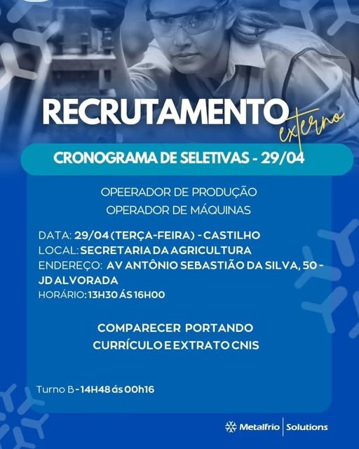 Vaga de Emprego em Castilho: Entrevista com a Metalfrio Acontece em 29-04 6 Participe da seleção para vaga de emprego em Castilho com a empresa Metalfrio no dia 29-04. Confira as vagas, horários e documentos necessários!