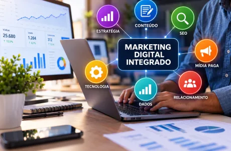 Marketing digital integrado com estratégia, conteúdo, SEO, mídia paga, relacionamento, dados e tecnologia
