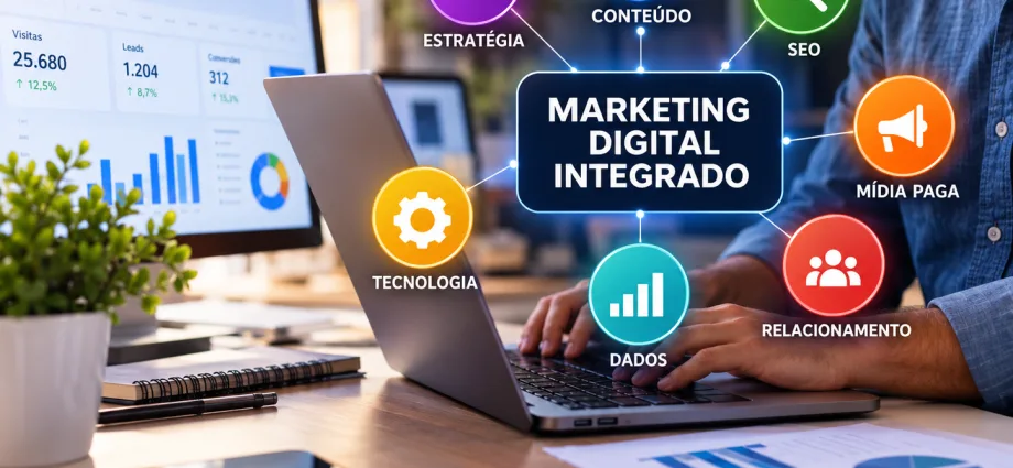 Marketing digital integrado com estratégia, conteúdo, SEO, mídia paga, relacionamento, dados e tecnologia